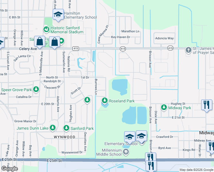 map of restaurants, bars, coffee shops, grocery stores, and more near 1737 Roseberry Lane in Sanford