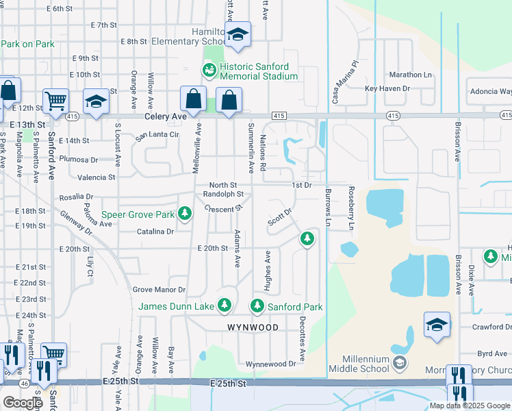 map of restaurants, bars, coffee shops, grocery stores, and more near 1807 South Summerlin Avenue in Sanford