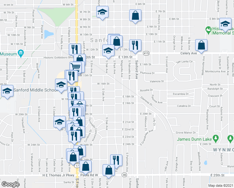 map of restaurants, bars, coffee shops, grocery stores, and more near 1700 Magnolia Avenue in Sanford