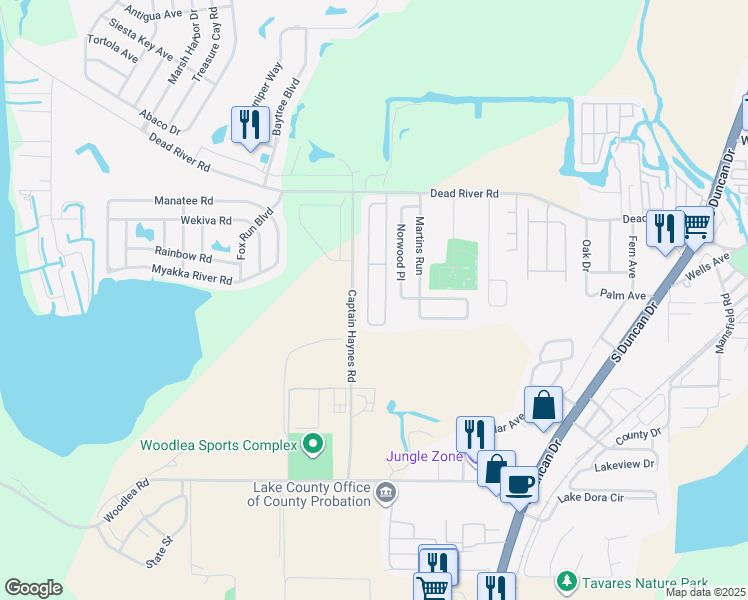 map of restaurants, bars, coffee shops, grocery stores, and more near 626 East Rosewood Lane in Tavares