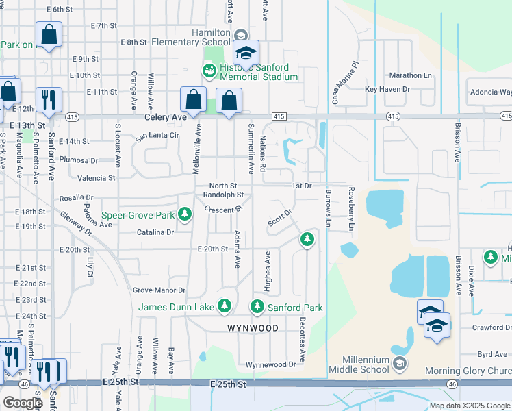 map of restaurants, bars, coffee shops, grocery stores, and more near 1807 South Summerlin Avenue in Sanford