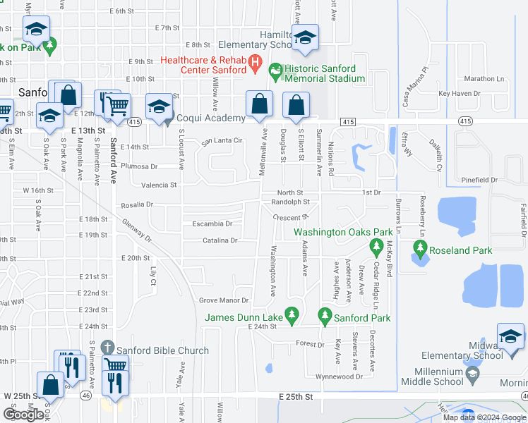 map of restaurants, bars, coffee shops, grocery stores, and more near 1801 Mellonville Avenue in Sanford