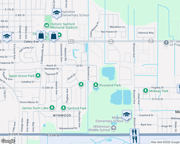 map of restaurants, bars, coffee shops, grocery stores, and more near 1731 Burrows Lane in Sanford