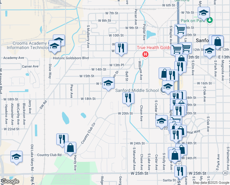 map of restaurants, bars, coffee shops, grocery stores, and more near 1300 West 20th Street in Sanford
