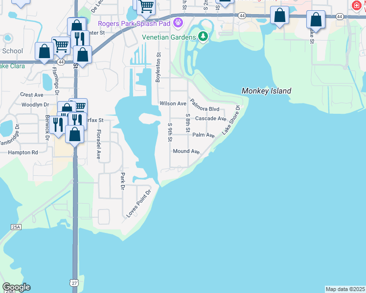 map of restaurants, bars, coffee shops, grocery stores, and more near 702 Mound Avenue in Leesburg