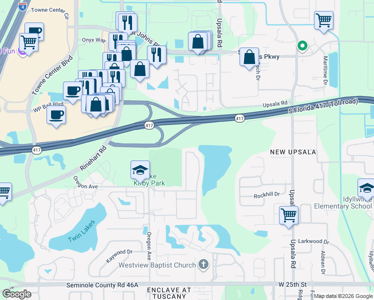 map of restaurants, bars, coffee shops, grocery stores, and more near 1568 Travertine Terrace in Sanford