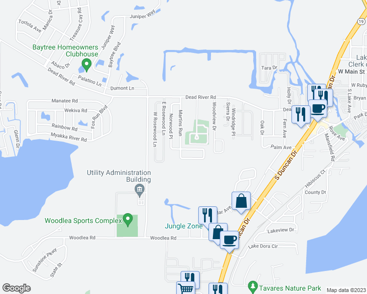 map of restaurants, bars, coffee shops, grocery stores, and more near 2366 Martins Run in Tavares