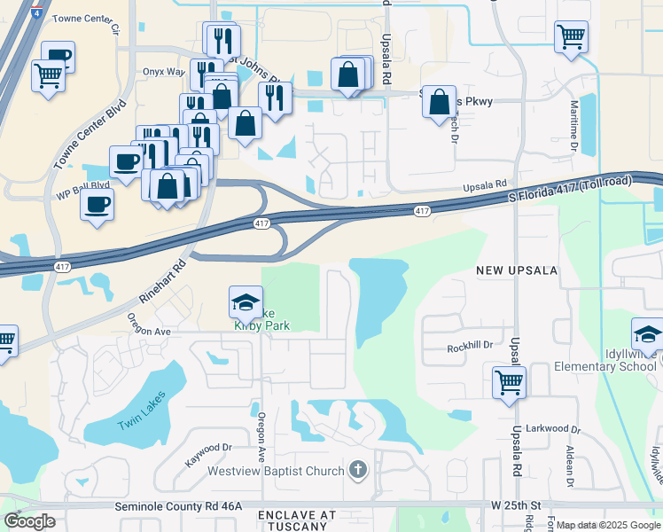 map of restaurants, bars, coffee shops, grocery stores, and more near 1566 Travertine Terrace in Sanford