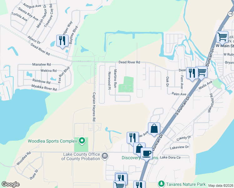 map of restaurants, bars, coffee shops, grocery stores, and more near 2366 Martins Run in Tavares