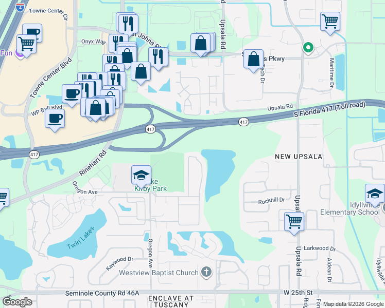 map of restaurants, bars, coffee shops, grocery stores, and more near 1568 Travertine Terrace in Sanford