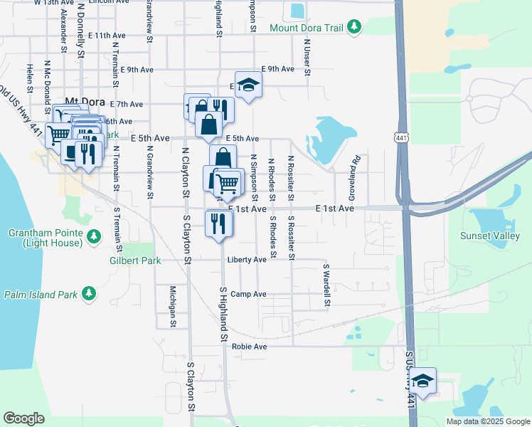 map of restaurants, bars, coffee shops, grocery stores, and more near 1211 East 1st Avenue in Mount Dora