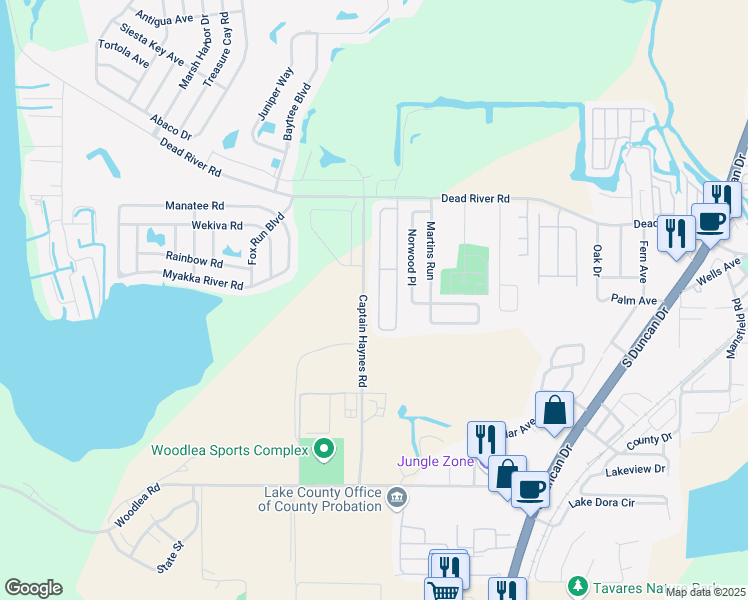 map of restaurants, bars, coffee shops, grocery stores, and more near 650 West Rosewood Lane in Tavares
