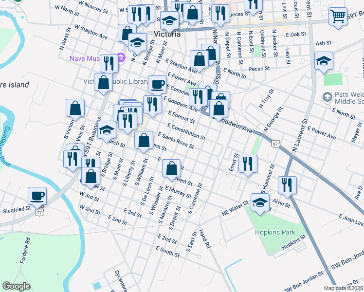 map of restaurants, bars, coffee shops, grocery stores, and more near 506 East Santa Rosa Street in Victoria