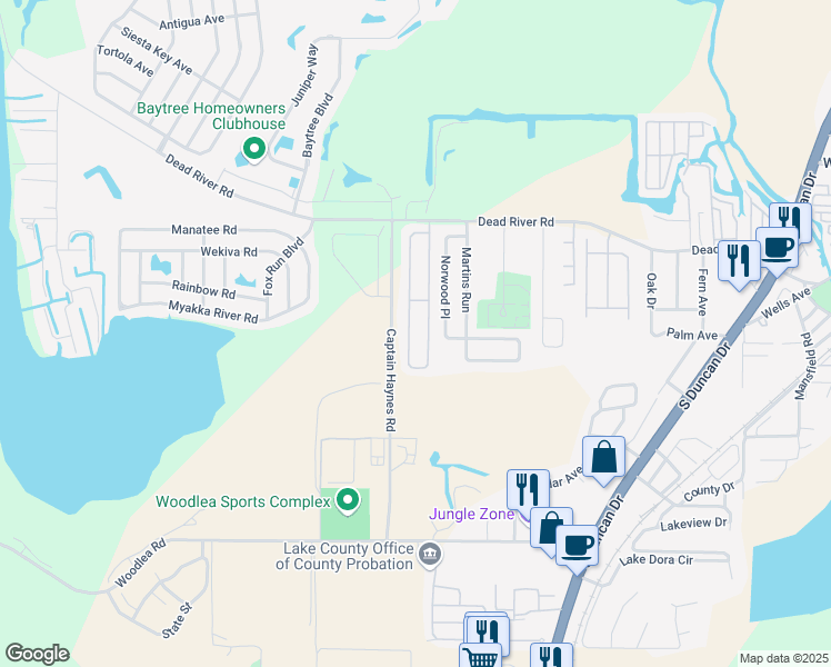map of restaurants, bars, coffee shops, grocery stores, and more near 681 West Rosewood Lane in Tavares