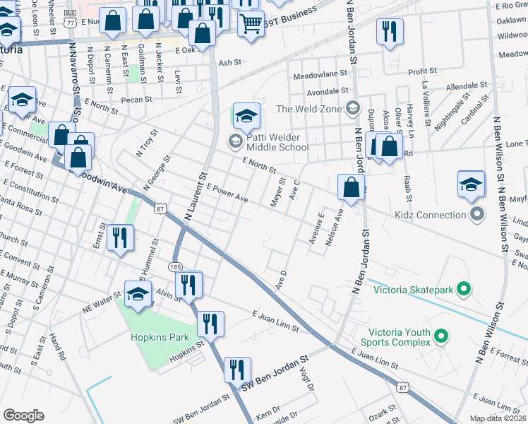 map of restaurants, bars, coffee shops, grocery stores, and more near 1902 East Power Avenue in Victoria