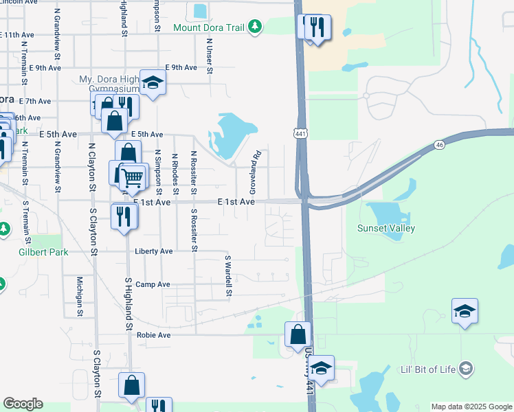 map of restaurants, bars, coffee shops, grocery stores, and more near 1620 East 1st Avenue in Mount Dora
