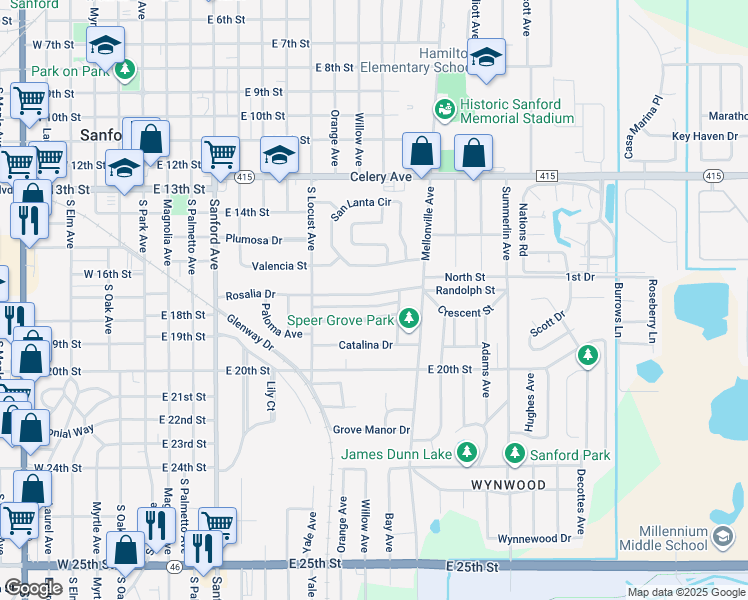 map of restaurants, bars, coffee shops, grocery stores, and more near 825 Rosalia Drive in Sanford
