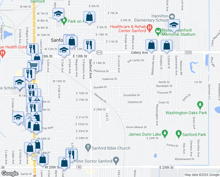 map of restaurants, bars, coffee shops, grocery stores, and more near 465 Rosalia Drive in Sanford