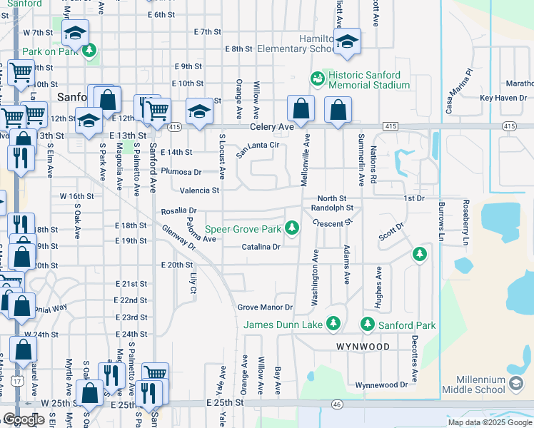map of restaurants, bars, coffee shops, grocery stores, and more near 825 Rosalia Drive in Sanford
