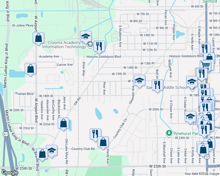 map of restaurants, bars, coffee shops, grocery stores, and more near 1803 West 16th Street in Sanford