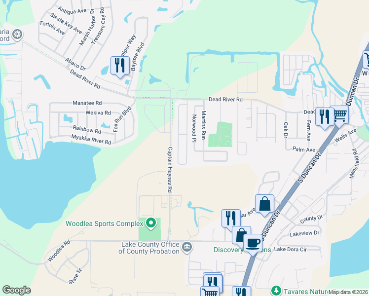 map of restaurants, bars, coffee shops, grocery stores, and more near 626 East Rosewood Lane in Tavares