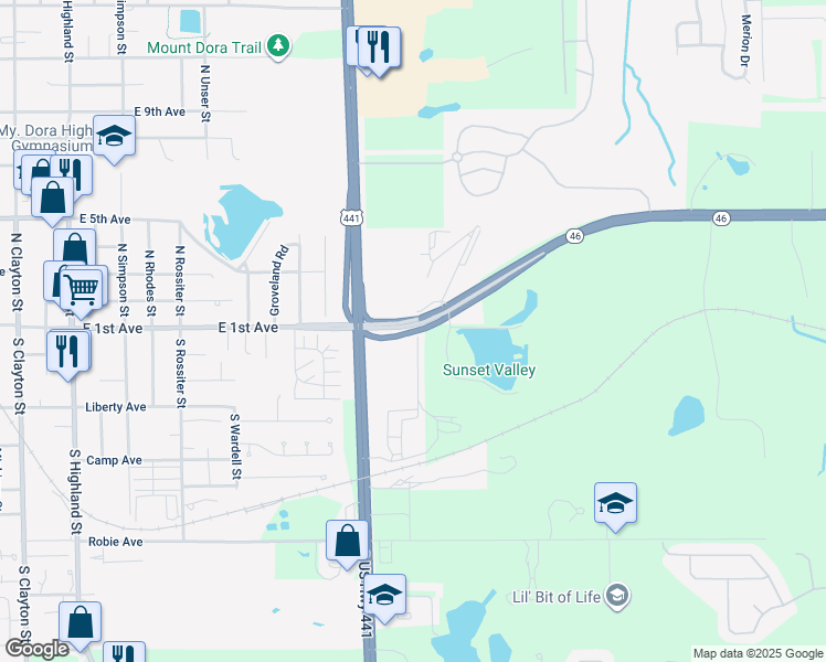 map of restaurants, bars, coffee shops, grocery stores, and more near 1850 Florida 46 in Mount Dora