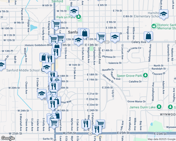 map of restaurants, bars, coffee shops, grocery stores, and more near 1700 Magnolia Avenue in Sanford