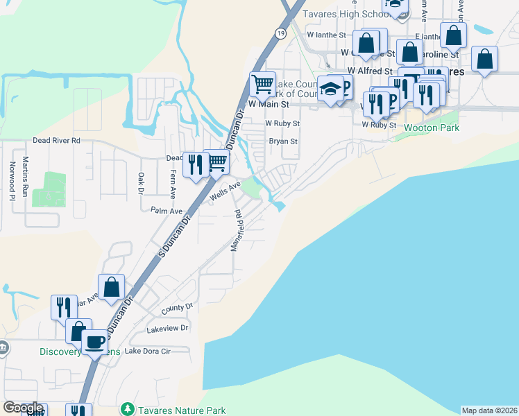 map of restaurants, bars, coffee shops, grocery stores, and more near 609 Homer Street in Tavares