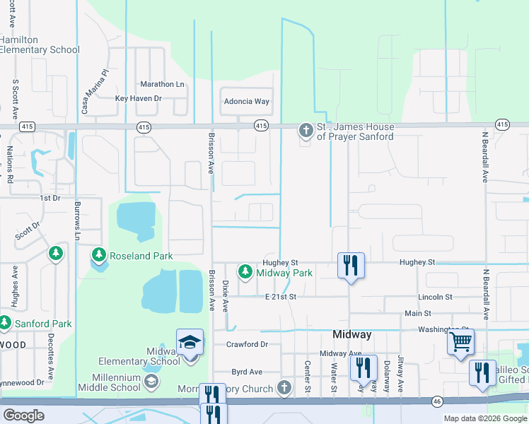 map of restaurants, bars, coffee shops, grocery stores, and more near 1837 Lacy Lane in Sanford