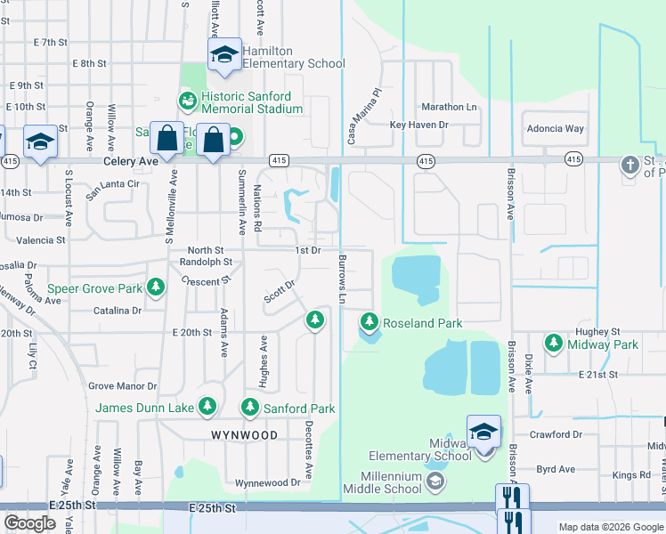 map of restaurants, bars, coffee shops, grocery stores, and more near 1731 Burrows Lane in Sanford