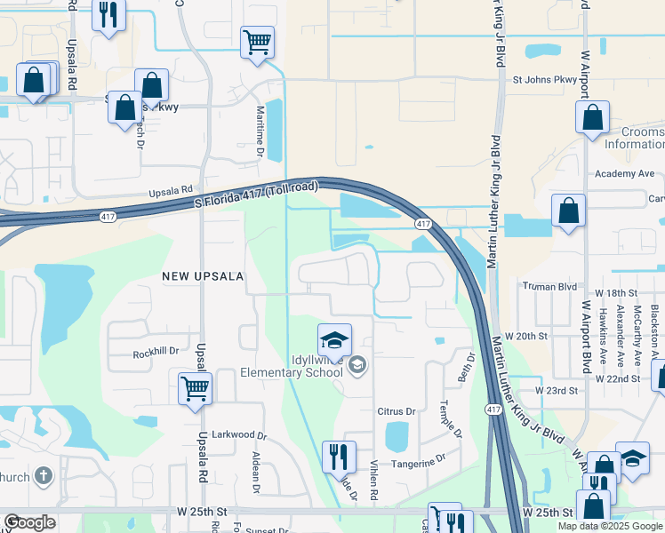map of restaurants, bars, coffee shops, grocery stores, and more near 260 Porchester Drive in Sanford