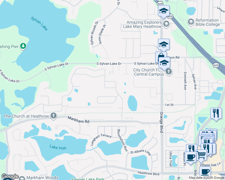 map of restaurants, bars, coffee shops, grocery stores, and more near 2019 North Umbria Drive in Sanford