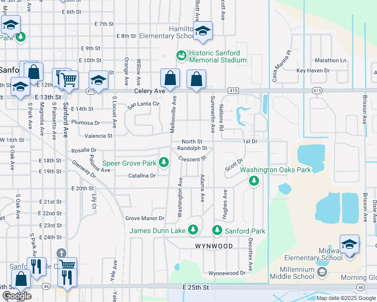 map of restaurants, bars, coffee shops, grocery stores, and more near 1211 Randolph Street in Sanford