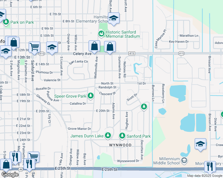 map of restaurants, bars, coffee shops, grocery stores, and more near 1219 Randolph Street in Sanford