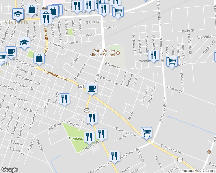 map of restaurants, bars, coffee shops, grocery stores, and more near 1608 East Commercial Street in Victoria