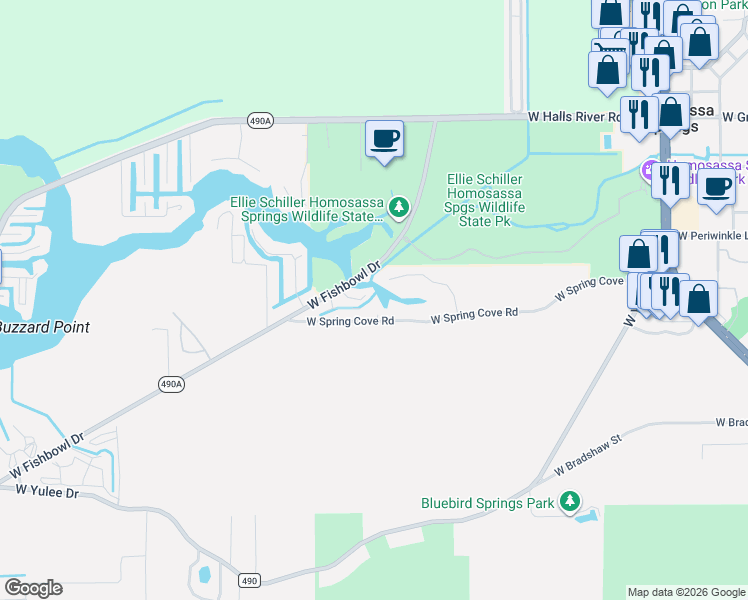 map of restaurants, bars, coffee shops, grocery stores, and more near 4471 South Justamere Point in Homosassa