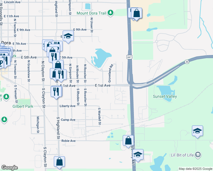 map of restaurants, bars, coffee shops, grocery stores, and more near 1532 East 1st Avenue in Mount Dora