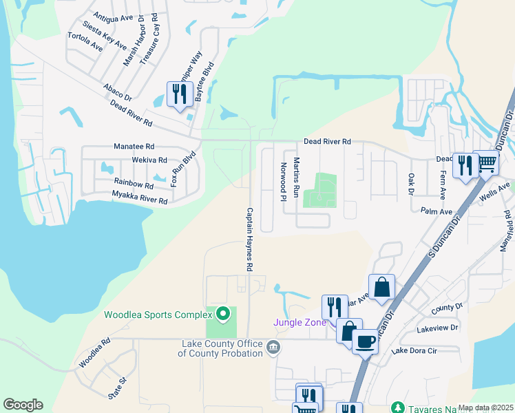 map of restaurants, bars, coffee shops, grocery stores, and more near 650 West Rosewood Lane in Tavares