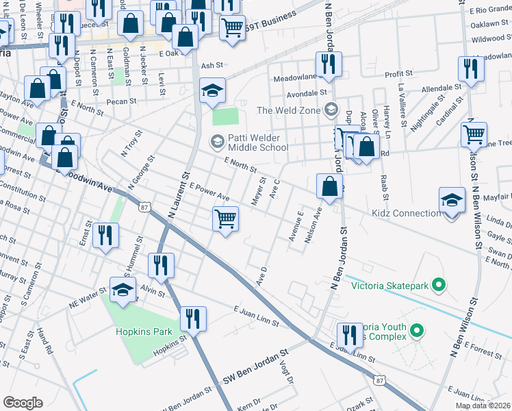 map of restaurants, bars, coffee shops, grocery stores, and more near 1902 East Power Avenue in Victoria