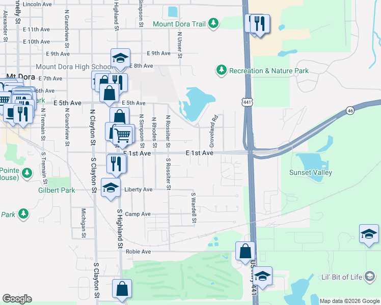 map of restaurants, bars, coffee shops, grocery stores, and more near 1427 East 1st Avenue in Mount Dora