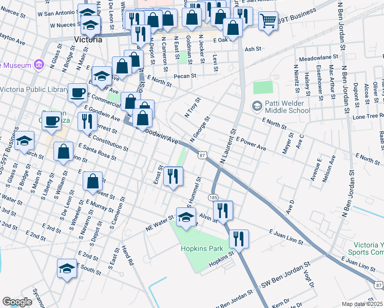 map of restaurants, bars, coffee shops, grocery stores, and more near in Victoria