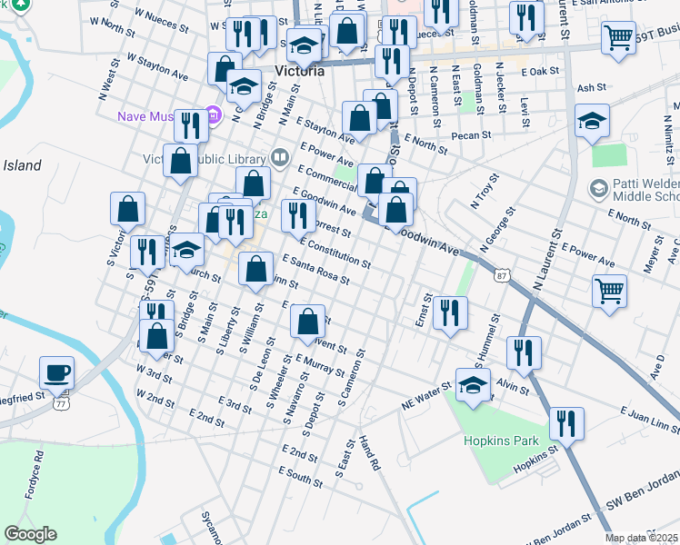 map of restaurants, bars, coffee shops, grocery stores, and more near 508 East Santa Rosa Street in Victoria