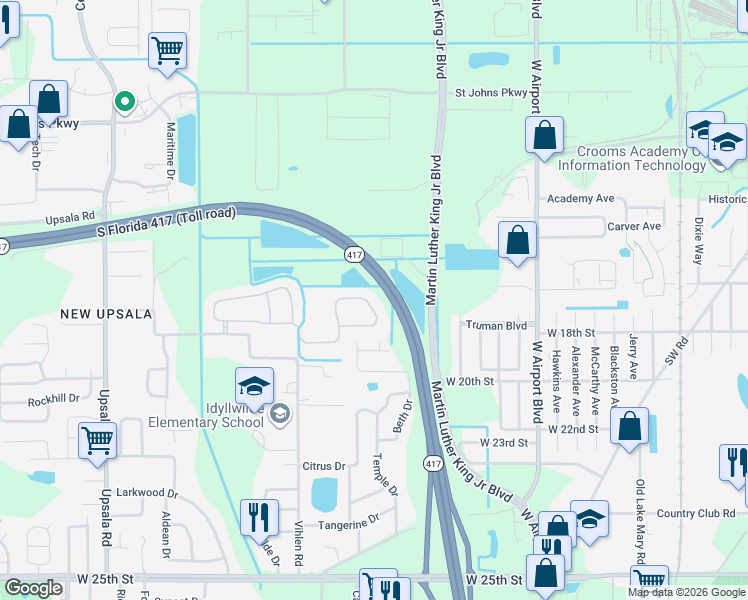 map of restaurants, bars, coffee shops, grocery stores, and more near 461 Kays Landing Drive in Sanford