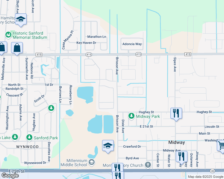 map of restaurants, bars, coffee shops, grocery stores, and more near 422 Fairfield Drive in Sanford