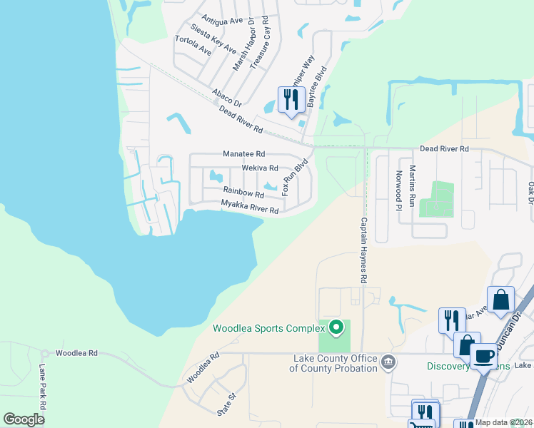 map of restaurants, bars, coffee shops, grocery stores, and more near 3027 Myakka River Road in Tavares