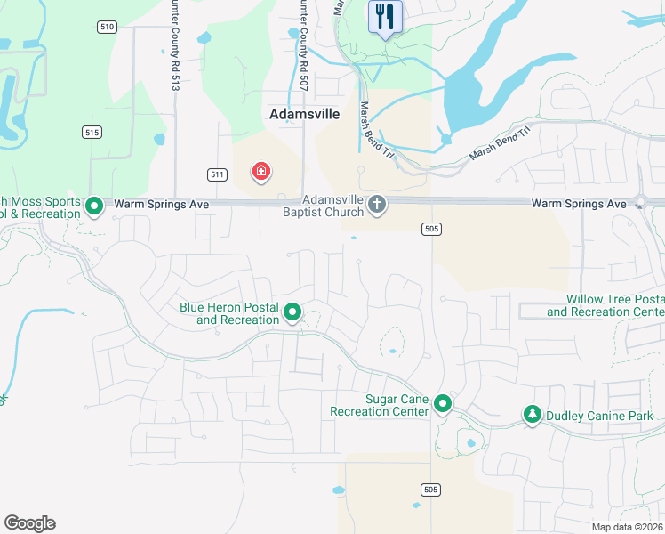 map of restaurants, bars, coffee shops, grocery stores, and more near 5611 Whitetail Avenue in The Villages