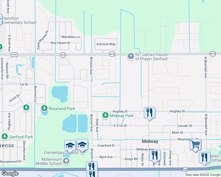 map of restaurants, bars, coffee shops, grocery stores, and more near 2612 Daffadil Terrace in Sanford