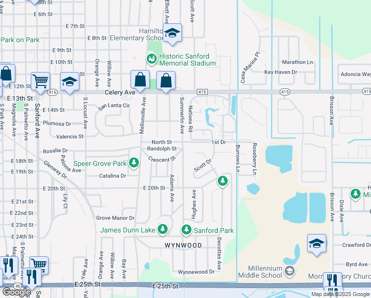map of restaurants, bars, coffee shops, grocery stores, and more near 1807 South Summerlin Avenue in Sanford