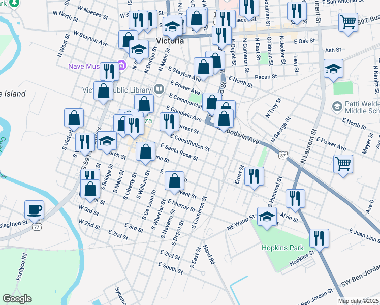 map of restaurants, bars, coffee shops, grocery stores, and more near 506 East Santa Rosa Street in Victoria