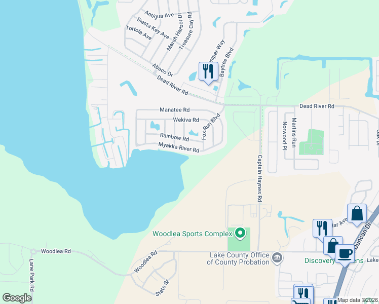 map of restaurants, bars, coffee shops, grocery stores, and more near 3027 Myakka River Road in Tavares